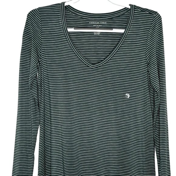 American Eagle Top Womens Small T Shirt Soft Sexy Slub Green Striped Casual Tee - Picture 2 of 11